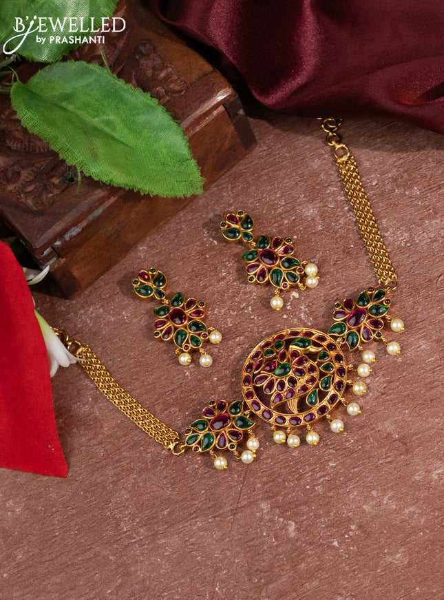 Antique choker peacock design with kemp stones and pearl hangings