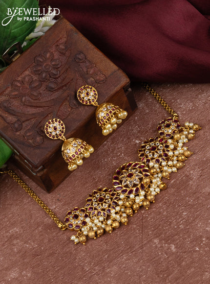 Antique choker with pink kemp & cz stones and pearl hangings