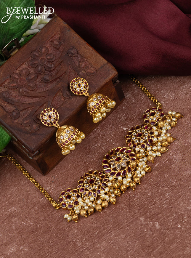 Antique choker with pink kemp & cz stones and pearl hangings