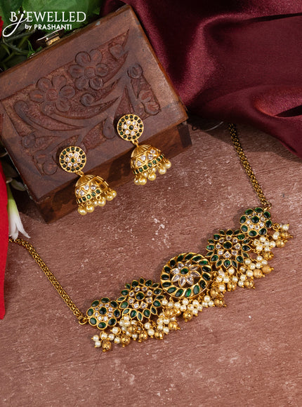 Antique choker with green kemp & cz stones and pearl hangings