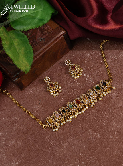 Antique choker with multicolour & cz stones and pearl hangings