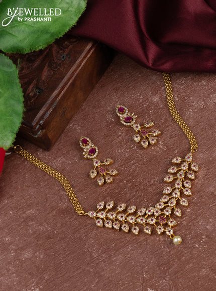 Antique choker with pink kemp & cz stones and pearl hanging