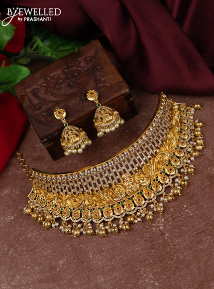 Antique choker lakshmi design with kemp & cz stones and golden beads pearl hangings