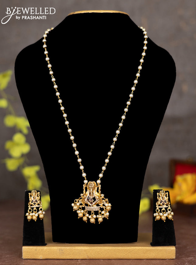 Pearl necklace ganesha pendant with ruby & cz stones and pearl & golden beads hangings