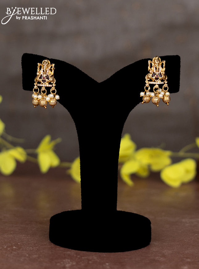 Pearl necklace ganesha pendant with ruby & cz stones and pearl & golden beads hangings