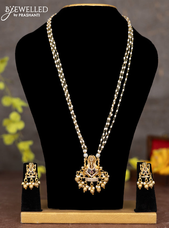 Pearl necklace ganesha pendant with ruby & cz stones and pearl & golden beads hangings