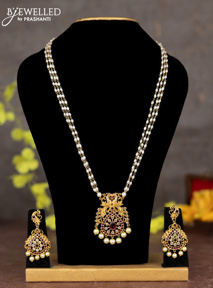 Pearl necklace double peacock design with ruby & cz stones and pearl hangings