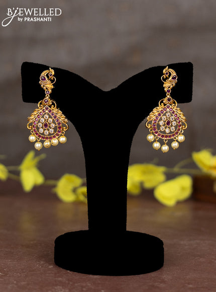 Pearl necklace double peacock design with ruby & cz stones and pearl hangings