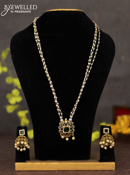 Pearl necklace with emerald & cz stones and pearl hangings