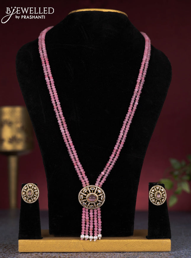 Beaded double layer baby pink necklace with cz stones and beads hangings in victorian finish