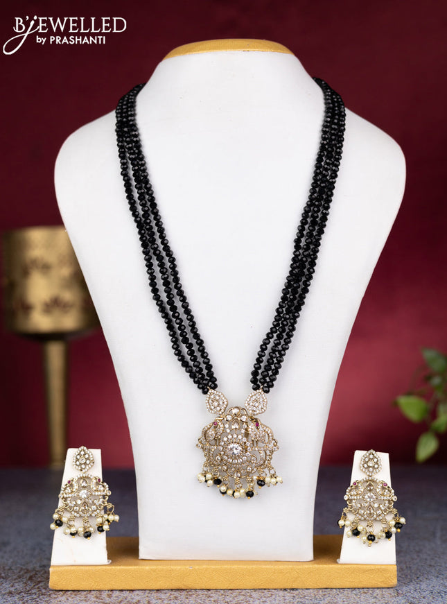 Beaded triple layer black necklace with cz stones and pearl & beads hangings in victorian finish