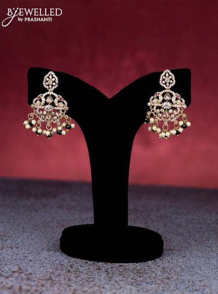 Beaded triple layer black necklace with cz stones and pearl & beads hangings in victorian finish