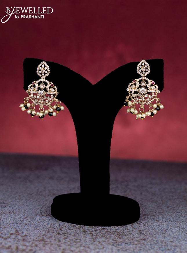 Beaded triple layer black necklace with cz stones and pearl & beads hangings in victorian finish