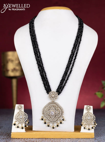 Beaded triple layer black necklace with cz stones and pearl & beads hangings in victorian finish