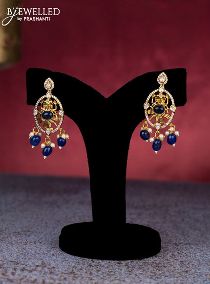 Beaded blue necklace ganesha pendant with sapphire & cz stones and pearl & beads hangings in victorian finish