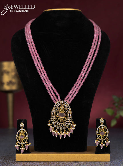 Beaded triple layer baby pink necklace ganesha pendant with cz stones and pearl & beads hangings in victorian finish