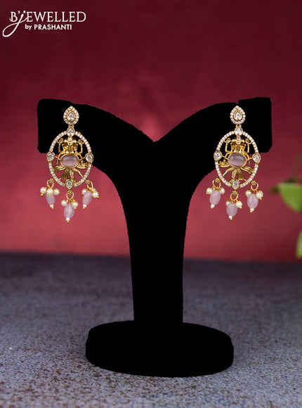 Beaded triple layer baby pink necklace ganesha pendant with cz stones and pearl & beads hangings in victorian finish