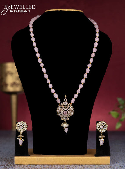 Beaded baby pink necklace with cz stones and pearl & beads hangings in victorian finish