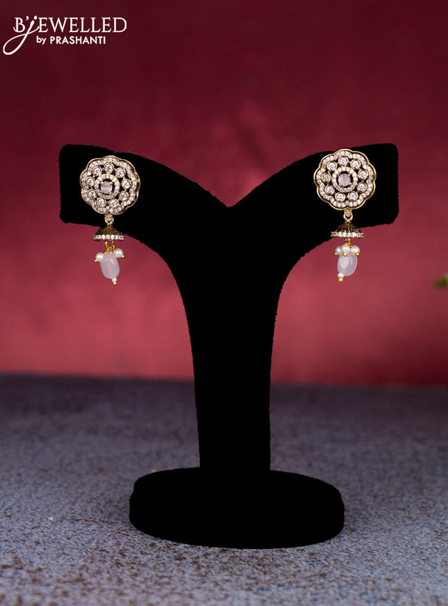 Beaded baby pink necklace with cz stones and pearl & beads hangings in victorian finish