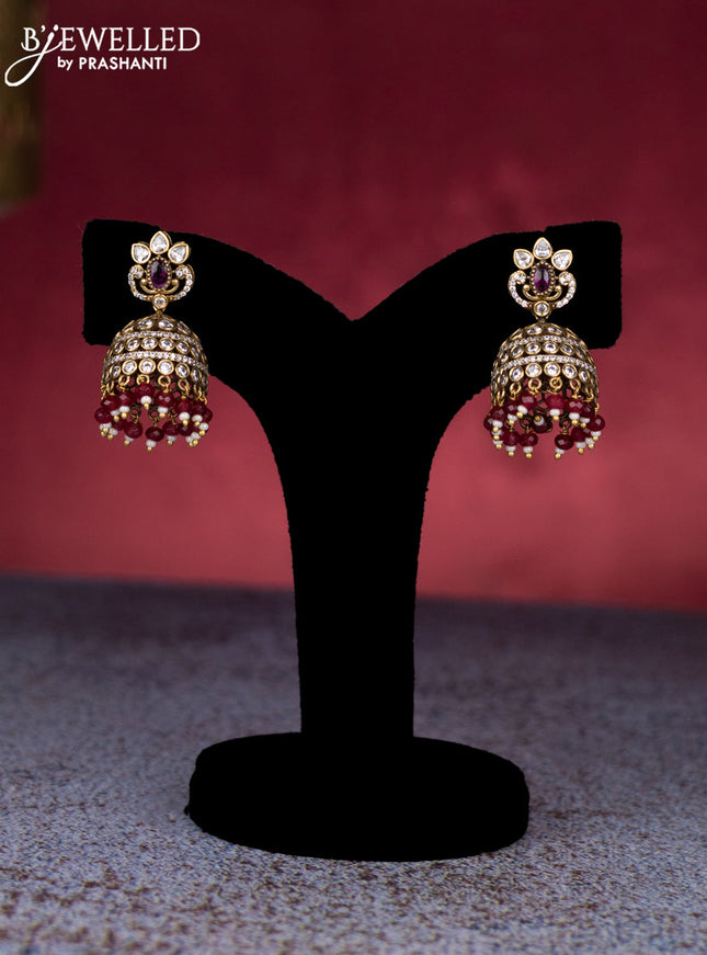 Beaded triple layer maroon necklace elephant design with ruby & kundan cz stones and pearl & beads hangings in victorian finish