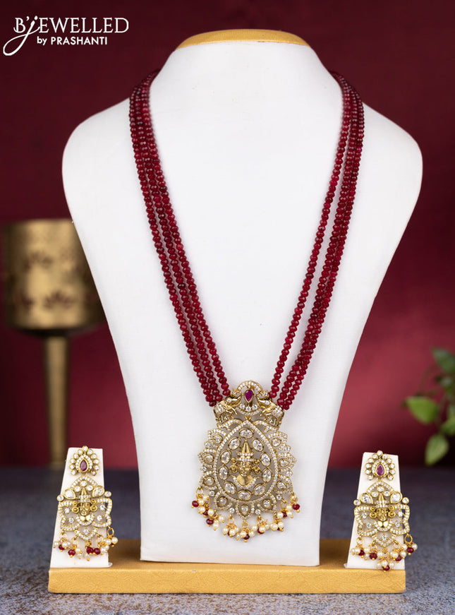 Beaded triple layer maroon necklace tirupati balaji pendant with ruby & cz stones and pearl & beads hangings in victorian finish