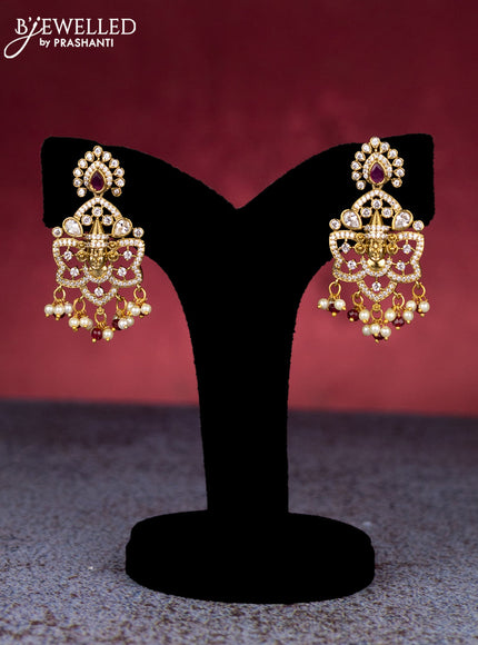 Beaded triple layer maroon necklace tirupati balaji pendant with ruby & cz stones and pearl & beads hangings in victorian finish