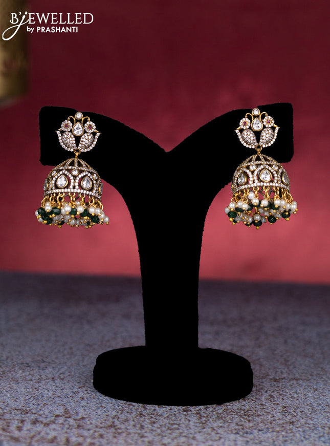 Beaded triple layer green necklace tirupati balaji pendant with cz stones and pearl & beads hangings in victorian finish