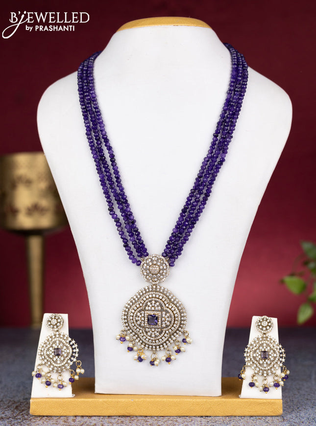 Beaded triple layer violet necklace with cz stones and pearl & beads hangings in victorian finish