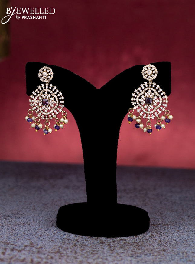 Beaded triple layer violet necklace with cz stones and pearl & beads hangings in victorian finish