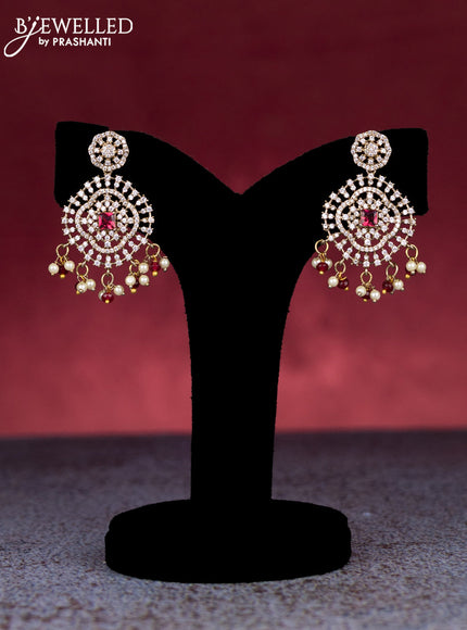 Beaded triple layer maroon necklace with ruby & cz stones and pearl & beads hangings in victorian finish