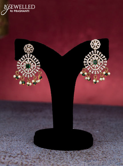 Beaded triple layer green necklace with emerald & cz stones and pearl & beads hangings in victorian finish