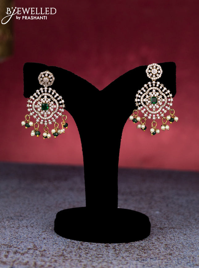 Beaded triple layer green necklace with emerald & cz stones and pearl & beads hangings in victorian finish