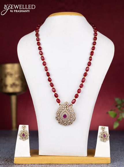 Beaded maroon necklace with ruby and cz stones in victorian finish