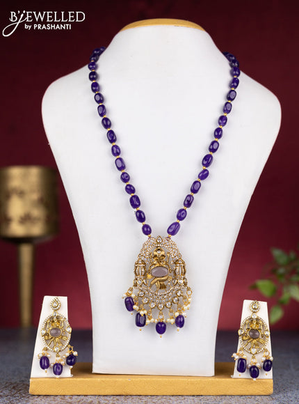 Beaded violet necklace ganesha pendant with cz stones and pearl & beads hangings in victorian finish