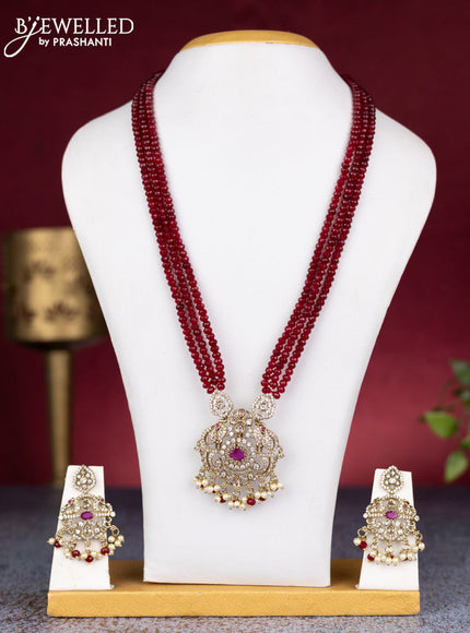 Beaded triple layer maroon necklace peacock design with ruby & cz stones and pearl & beads hangings in victorian finish