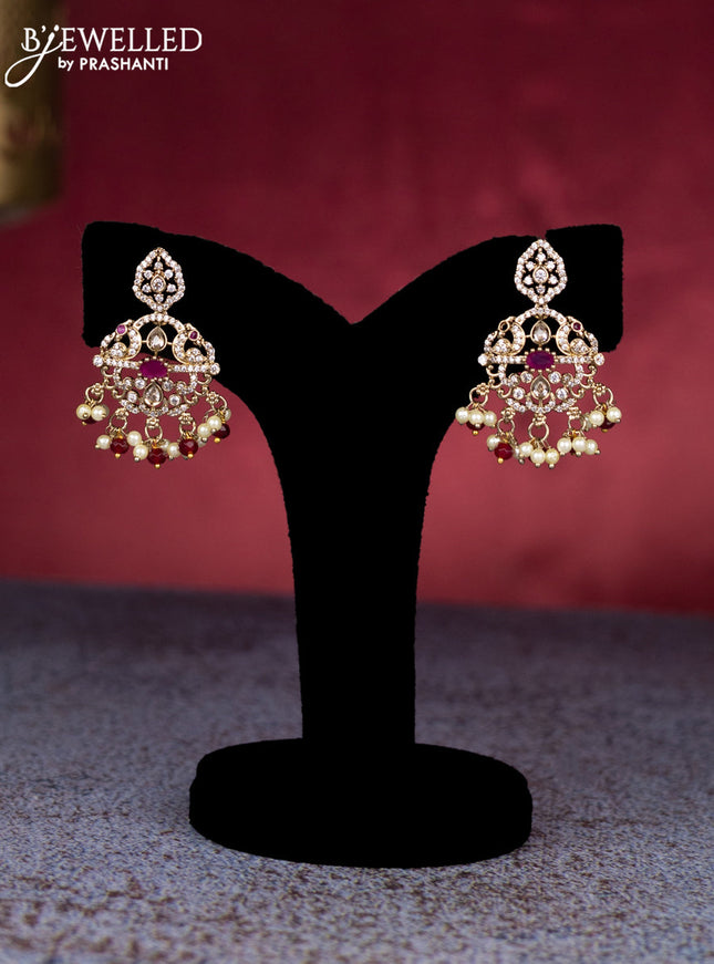 Beaded triple layer maroon necklace peacock design with ruby & cz stones and pearl & beads hangings in victorian finish