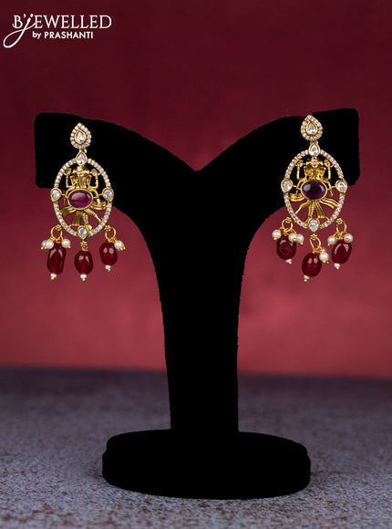 Beaded maroon necklace ganesha pendant with ruby & cz stones and pearl & beads hangings in victorian finish