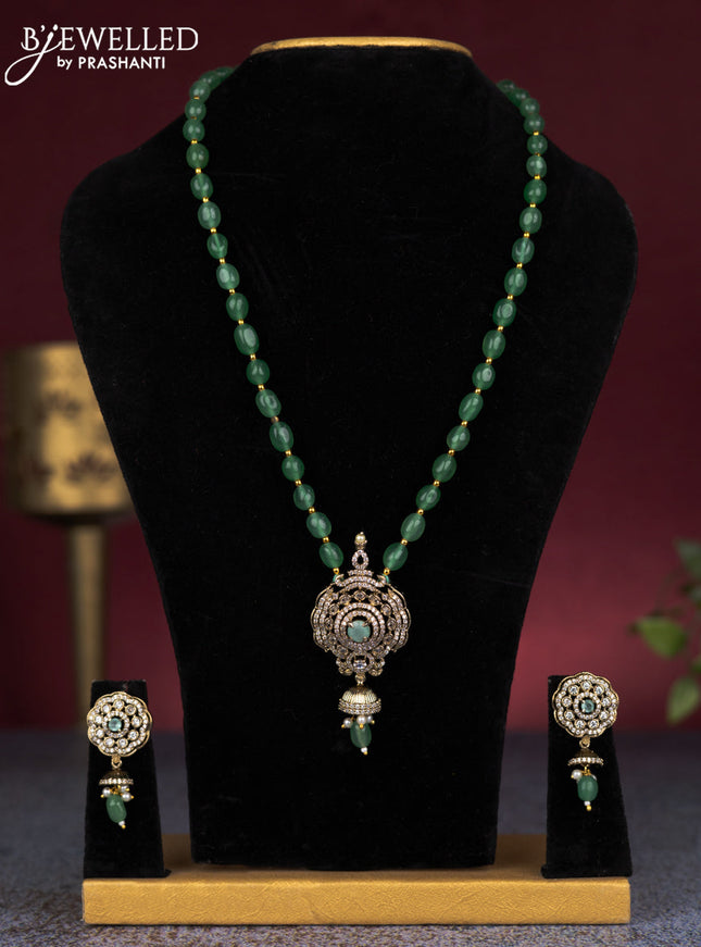 Beaded mint green necklace with cz stones and pearl & beads hanginhgs in victorian finish
