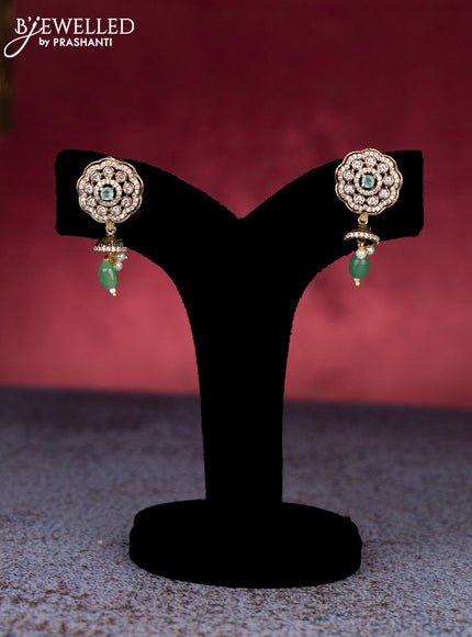 Beaded mint green necklace with cz stones and pearl & beads hanginhgs in victorian finish