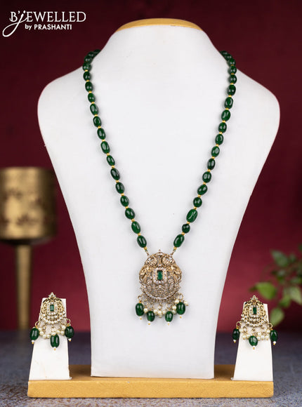 Beaded green necklace peacock design with emerald & cz stones and pearl & beads hanginhgs in victorian finish