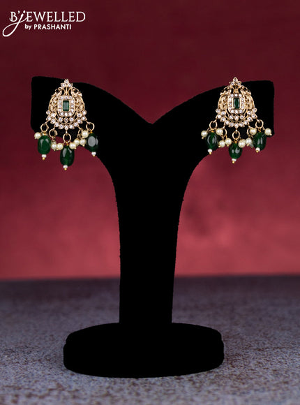 Beaded green necklace peacock design with emerald & cz stones and pearl & beads hanginhgs in victorian finish