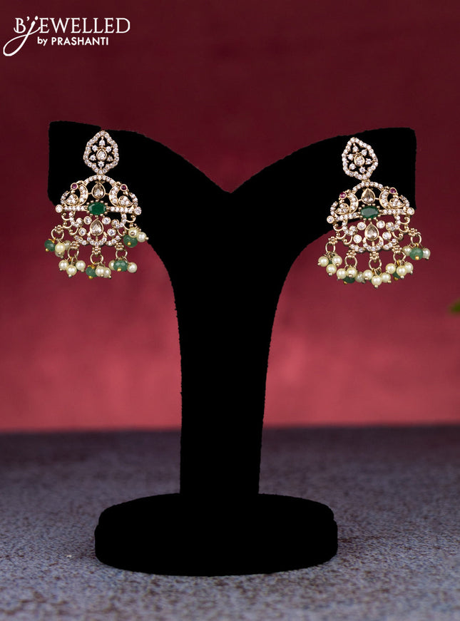 Beaded triple layer mint green necklace peacock design with cz stones and pearl & beads hangings in victorian finish