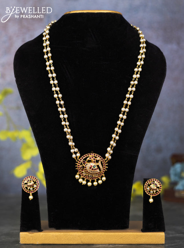 Pearl double layer haram peacock design with kemp & cz stones and pearl hangings