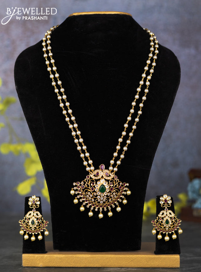 Pearl double layer haram with kemp & cz stones and pearl hangings