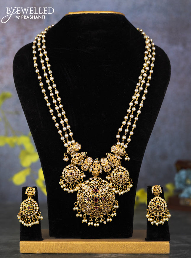 Pearl triple layer haram lakshmi design with kemp & cz stones and pearl hangings