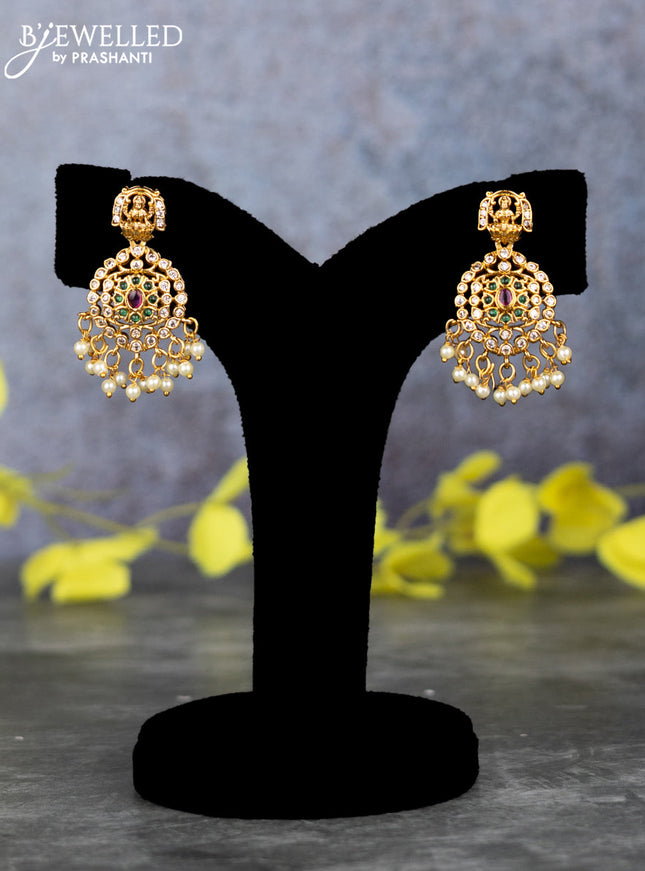 Pearl triple layer haram lakshmi design with kemp & cz stones and pearl hangings