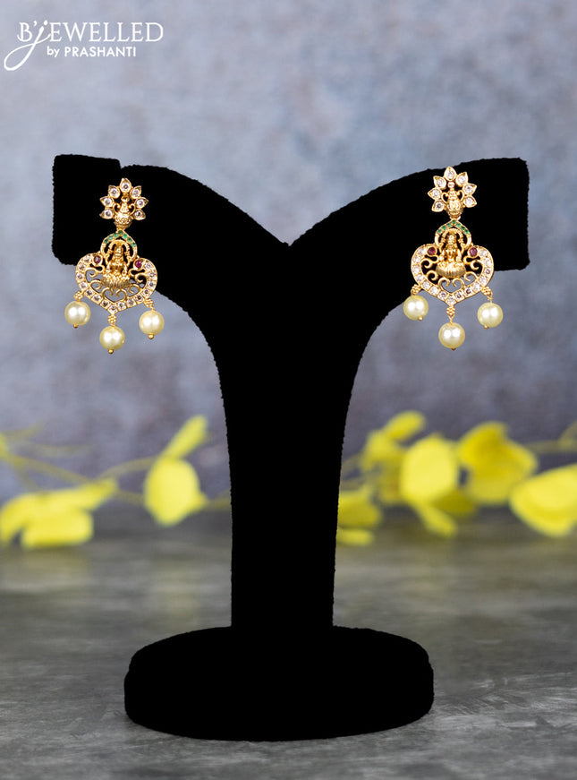 Pearl double layer haram lakshmi design with kemp & cz stones and pearl hangings