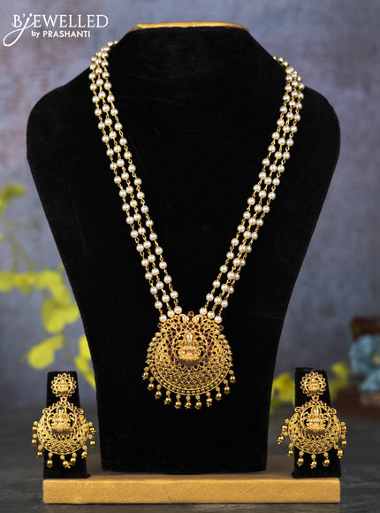 Pearl triple layer haram lakshmi pendant with ruby stones and golden beads hangings