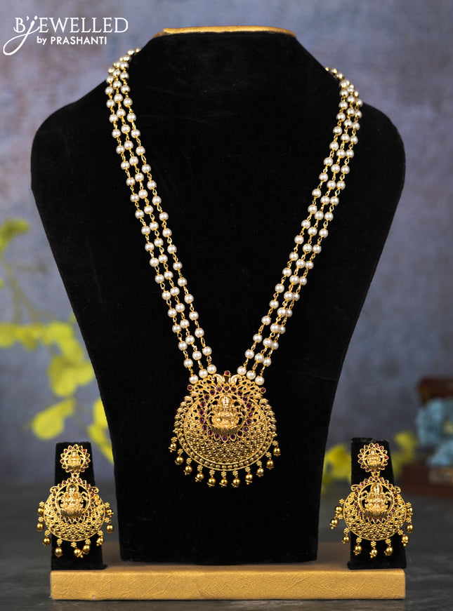 Pearl triple layer haram lakshmi pendant with ruby stones and golden beads hangings
