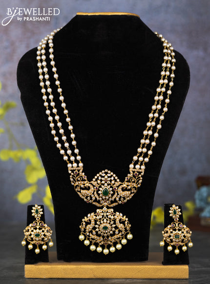 Pearl triple layer haram with kemp & cz stones and pearl beads hangings